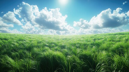 view of green grass and blue sky, clouds and meadows, nature and environment