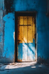 Sticker - Old Yellow Wooden Door in a Blue Wall. Rustic entrance to an abandoned building