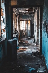 Sticker - Dark and eerie hallway in abandoned building with peeling paint and broken windows