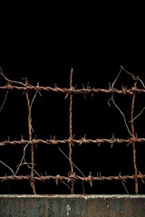 A section of rusted barbed wire fence is shown against a stark black background, illustrating themes of barrier, time-worn decay, and industrial strength.