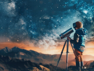 Wall Mural - a young boy is looking through a telescope at the stars,