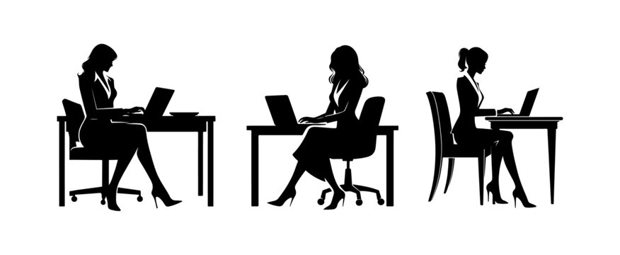 A set of businesswomen silhouettes in front of a laptop typing on the keyboard, figuration isolated on white background