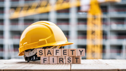 A yellow hard hat with the word safety first written on it. The letters are made out of wooden blocks