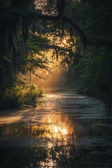 Sticker - Mystical Sunrise Over a Creek in a Lush Forest