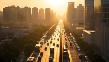 Wall Mural - Twilight panorama of a modern cityscape with towering skyscrapers and warm street illumination during sunset