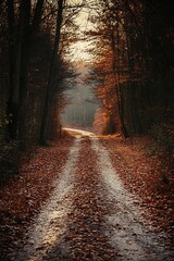 Poster - Mystical Forest Path with Fallen Autumn Leaves and Sunlight