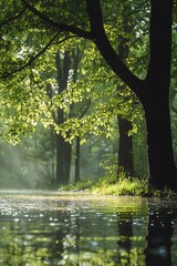 Poster - Tranquil forest path after rain with sunlight streaming through trees