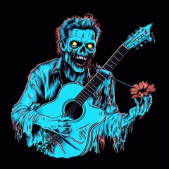 A vibrant, undead figure playing guitar, blending horror and music themes.