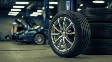 A tire is sitting on the ground next to a car. The tire is black and silver. There are other tires in the background