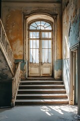 Sticker - Abandoned Building Interior with Light Streaming Through Arched Doors