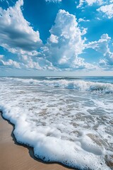 Poster - Foamy Ocean Waves Crashing on Sandy Beach Under a Clear Blue Sky with Fluffy White Clouds