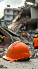 Wall Mural - Safety Helmet in Front of Collapsed Building - Construction Disaster Scene.