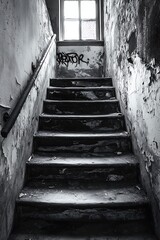 Sticker - Black and white photo of an old, worn out wooden staircase in an abandoned building