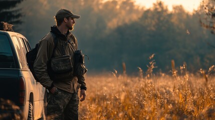 Poster - a hunter stands beside a vehicle in a golden meadow at dawn, soaking in the tranquil beauty of the e