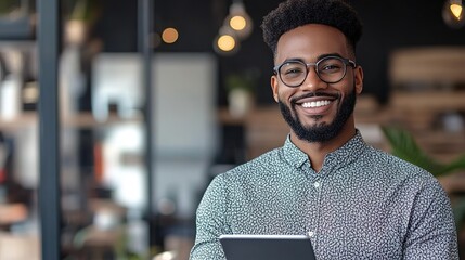 Portrait of a happy small business employee holding a tablet in a contemporary office