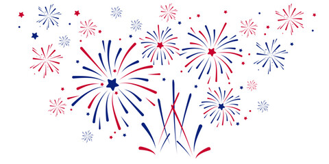 Wall Mural - Exploding Fireworks Fourth of July. Set of fireworks with a red and blue stars and sparks . United states of america independence day fireworks. Red, blue fireworks for 4th of July .