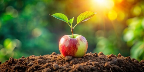 Apple Sprout in Soil with Sunlight, Nature ,growth