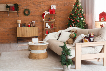 Sticker - Interior of living room with sofa, table and Christmas trees