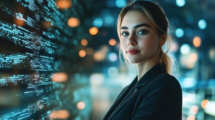 A young professional woman in a portrait with a high-tech futuristic background of digital grids and holographic data