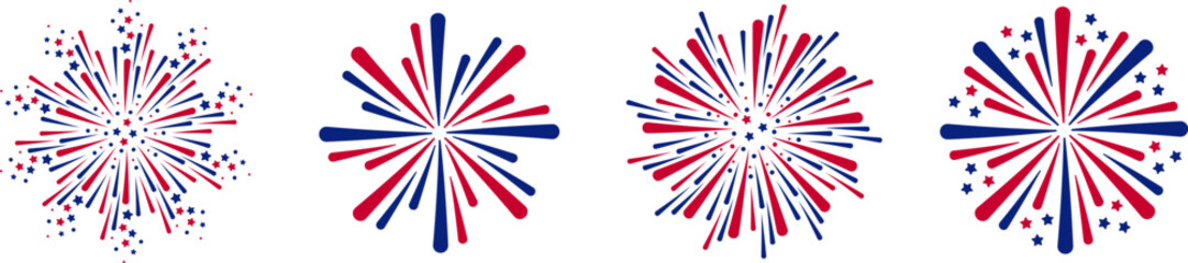 Wall Mural - Exploding USA Fireworks Set of fireworks with a red and blue stars and sparks . United states of america independence day fireworks. Red, blue fireworks for 4th of July .