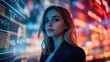 © Vilaphon  - A businesswoman's portrait with a sleek, high-tech background of digital waves and futuristic light effects