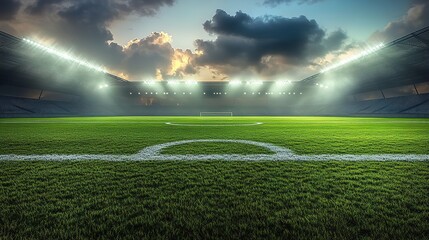 A 3D model of a soccer field with bright illumination, green grass, and a cloudy sky, offering copyspace for text or images