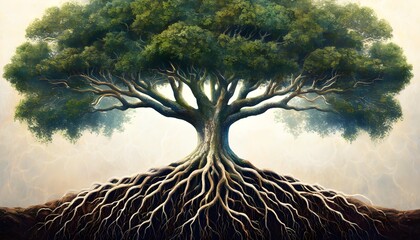 Wall Mural - Majestic tree with vibrant foliage and expansive roots, representing life, growth, strength, and deep connection with nature on a beautifully textured background