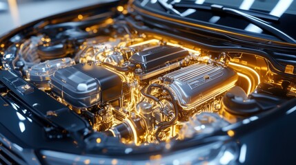 Poster - Illuminated Engine Detail in Modern Car