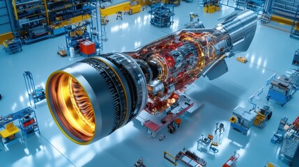 Poster - High-Tech Aviation Engine in Modern Workshop