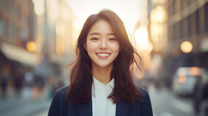 young woman smiles brightly in urban setting, with warm sunset glow illuminating background. Her confident expression and stylish attire reflect sense of positivity and approachability.