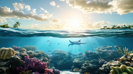 Wall Mural - Underwater Scene with Shark and Coral Reef at Sunrise