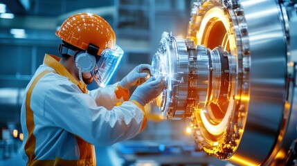 Poster - Industrial Worker Adjusting Machinery in Factory Setting