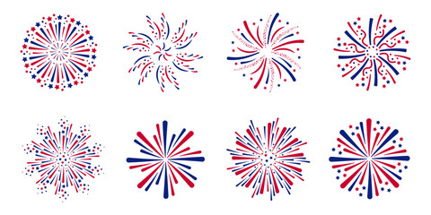 Wall Mural - Exploding USA Fireworks Set of fireworks with a red and blue stars and sparks . United states of america independence day fireworks. Red, blue fireworks for 4th of July .