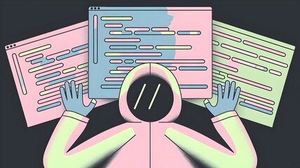 Abstract person coding with pastel code on screen in dark background