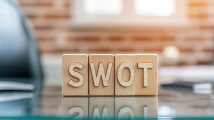 Wall Mural - wooden blocks spelling swot on a glass table with a blurred background.