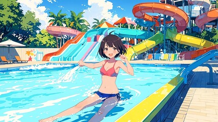 waterpark exterior anime high-quality image and aesthetic background