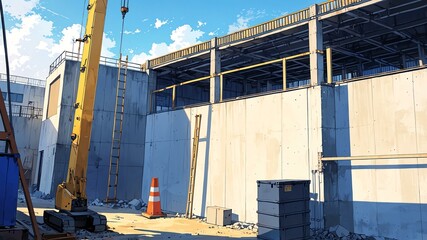 construction site exterior anime high-quality and aesthetic background