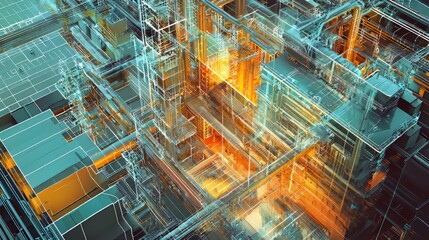 Canvas Print - an aerial view of a digital twin of a tech factory, semi transparent that can view the interior of the factory, 