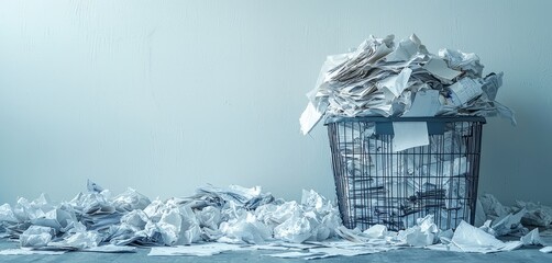 Wall Mural - overflowing trash bin with crumpled paper in a minimalist room