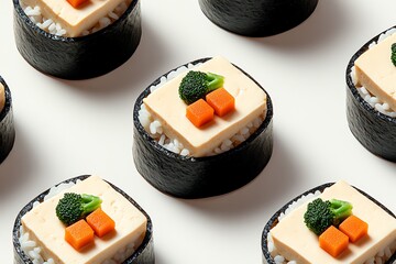 Poster - Abstract design of a vegetarian rice dish, with minimalist shapes showing tofu and vegetables arranged on a clean, white background.