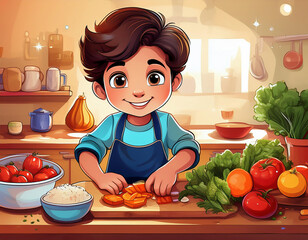 Cartoon illustration of a little boy cooking in the kitchen with fresh vegetables