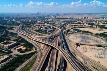 Poster - Aerial view of a complex urban infrastructure network, where roads, railways, and power lines create a web connecting different parts of the city.