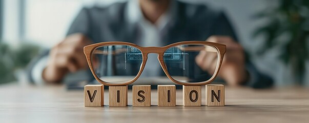 Wall Mural - glasses on a table with vision blocks, soft focus background.