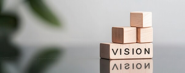 Wall Mural - wooden blocks spelling vision on a reflective surface with a blurred plant background.