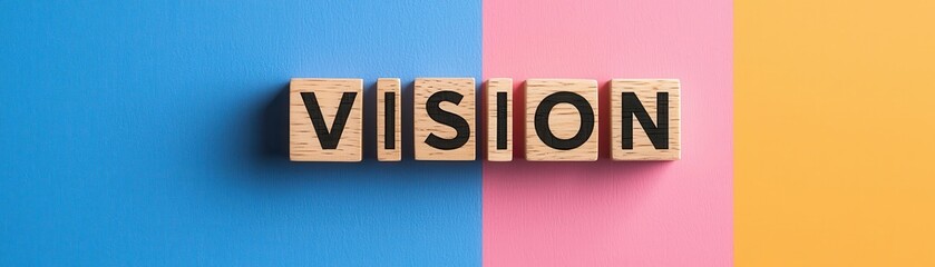 Wall Mural - the word vision displayed on colorful background using wooden blocks.