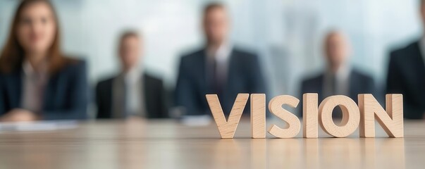 Wall Mural - wooden letters spelling 'vision' on a boardroom table with blurred team in background.