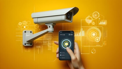 Surveillance camera monitoring on yellow background, AI security and control