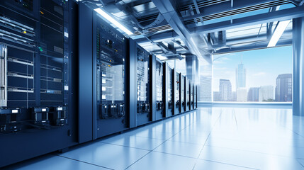  Modern Data Center Server Room with Rows of Mainframes and Cooling System