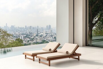 Two wooden sun loungers with beige cushions, set against a large window overlooking the city