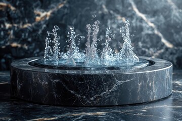 Wall Mural - elegant black stone podium elegantly displaying glossy products surrounded by a dramatic water splash creating a luxurious presentation space that emphasizes beauty and sophistication